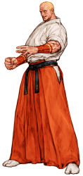 Rule 34 | 1boy, blonde hair, blue eyes, capcom, capcom vs snk, clenched hand, dougi, fatal fury, geese howard, hakama, hakama skirt, highres, japanese clothes, long image, male focus, muscular, nishimura kinu, red hakama, simple background, skirt, snk, solo, tabi, tall image, the king of fighters, white background