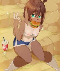 Rule 34 | 1girl, ahoge, animal ears, aqua eyes, bandeau, blue shorts, blush, breasts, brown hair, burger, coffeechicken, commentary, cup, disposable cup, dog ears, dog girl, dog tail, drinking straw, food, from above, furry, furry female, hair between eyes, kess (coffeechicken), kneehighs, looking up, medium breasts, mouth hold, navel, nipple slip, nipples, original, paw print, shorts, sitting, socks, solo, tail, v, white socks