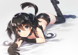 Rule 34 | 1girl, animal ears, black hair, black thighhighs, blue eyes, blurry, breasts, cleavage, commentary, commentary request, depth of field, dog girl, foreshortening, gradient background, grey background, hair between eyes, halterneck, long hair, looking at viewer, mmu, original, shoes, short shorts, shorts, smile, solo, thighhighs, thighs, two side up, v-shaped eyebrows, white background
