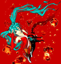 Rule 34 | 1girl, aqua eyes, aqua hair, boots, bubble, cola miku, collarbone, elbow gloves, from above, gloves, hatsune miku, highres, ice, long hair, looking at viewer, looking up, multicolored hair, pantyhose, red background, red hair, red theme, salute, shorts, smile, solo, twintails, very long hair, vocaloid, wink