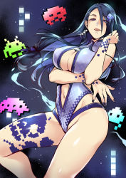 Rule 34 | 1girl, bare arms, bare legs, blue hair, blush, breast hold, breasts, cleavage, cleavage cutout, clothing cutout, earrings, female focus, floating hair, groin, hand up, jewelry, kaguya (sinoalice), large breasts, legs, leotard, light blush, long hair, looking at viewer, mibry (phrysm), nail polish, navel, navel cutout, open mouth, purple eyes, simple background, sinoalice, sleeveless, smile, solo, standing, tattoo, thigh strap, thighs
