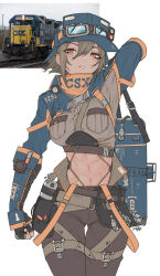 Rule 34 | abs, arm behind back, arm over shoulder, bag, belt buckle, belt pouch, black gloves, blue hat, blue jacket, breast pocket, breasts, brown hair, brown jacket, brown pants, buckle, chest belt, cropped jacket, gloves, goggles, goggles on headwear, hat, highres, holding, holding bag, jacket, long sleeves, medium breasts, midriff, multicolored clothes, multicolored jacket, orange scarf, pants, pocket, pouch, scarf, simple background, stomach, strap, thigh pouch, thigh strap, thighs, train, two-tone jacket, unfinished, white background, zhvo