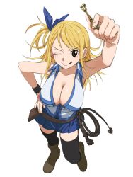 Rule 34 | 1girl, :p, arm up, bare shoulders, belt, belt bag, black thighhighs, black wristband, blonde hair, blue ribbon, blue skirt, boots, breasts, brown belt, brown eyes, brown footwear, cleavage, collarbone, collared shirt, fairy tail, from above, full body, hair ribbon, hand on own hip, hand tattoo, highres, holding, holding key, key, large breasts, long hair, looking at viewer, lucy heartfilia, one eye closed, pleated skirt, ribbon, shirt, skirt, sleeveless, sleeveless shirt, solo, tattoo, thighhighs, tongue, tongue out, urasanmyaku, whip, white background, wristband, zettai ryouiki