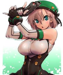 Rule 34 | 1girl, amania orz, beret, breasts, brown hair, elbow gloves, fingerless gloves, gloves, green eyes, hat, large breasts, looking at viewer, open mouth, original, short hair, sleeveless, solo