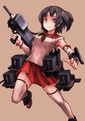Rule 34 | 10s, 1girl, armpits, black hair, brown eyes, delta monster, detached sleeves, gun, hairband, headband, highres, kantai collection, looking at viewer, nagara (kancolle), personification, short hair, side ponytail, skirt, solo, thighhighs, turret, weapon