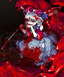 Rule 34 | 1girl, ambiguous red liquid, blood, blood on clothes, blood on face, blood on hands, blue dress, curly hair, detached sleeves, dress, earrings, eye print, highres, holding spork, horn ornament, horn ribbon, horns, jewelry, kaigen 1025, meandros, oversized object, patterned clothing, pointy ears, red horns, red sleeves, ribbon, sharp teeth, sheep horns, spork, teeth, touhou, toutetsu yuuma, white hair