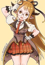 Rule 34 | &gt;:d, 10s, 1girl, :d, black ribbon, draph, glasses, gloves, granblue fantasy, gymno, hair ribbon, hand on own hip, holding, long hair, looking at viewer, miniskirt, necktie, open mouth, orange hair, outline, plaid, plaid necktie, plaid neckwear, plaid skirt, pleated skirt, pointy ears, ponytail, puffy short sleeves, puffy sleeves, red necktie, red skirt, ribbon, round eyewear, sarya (granblue fantasy), short sleeves, simple background, skirt, smile, solo, sparkle, thigh gap, v-shaped eyebrows, white gloves, yellow background