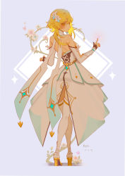 Rule 34 | 1girl, absurdres, arms up, bare shoulders, blonde hair, breasts, crossed legs, dated, detached sleeves, dress, flower, from behind, genshin impact, hair flower, hair ornament, highres, lips, looking at viewer, looking back, lumine (genshin impact), repha, scarf, signature, sleeveless, sleeveless dress, solo, standing, thighhighs, watson cross, white dress, white flower, white scarf, yellow eyes