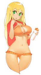 Rule 34 | 1girl, bikini, blonde hair, blush, bottle, bright pupils, capelet, chestnut mouth, commentary, commission, cowboy shot, cropped legs, english commentary, gal gohan, gluteal fold, gradient hair, green eyes, hair ornament, hairclip, halphelt, holding, holding bottle, long hair, looking at viewer, multicolored hair, navel, okazaki miku, open mouth, orange bikini, red capelet, simple background, solo, standing, swimsuit, teeth, thigh gap, upper teeth only, water bottle, white background, white pupils