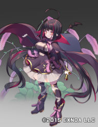 Rule 34 | 1girl, ahoge, black hair, blush, boots, bow, bowtie, breasts, cape, commentary request, dagger, detached sleeves, flower knight girl, footwear bow, full body, gradient background, grey background, highres, karaitosou (flower knight girl), knife, large breasts, long hair, long sleeves, multicolored hair, official art, pointy ears, purple bow, red hair, see-through silhouette, smirk, solo, standing, streaked hair, thighhighs, usamata, very long hair, weapon, yellow eyes