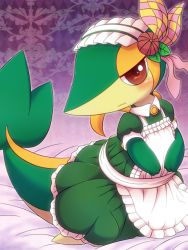 Rule 34 | apron, bed, bed sheet, blush, clothed pokemon, creatures (company), dress, flower, game freak, gen 5 pokemon, green dress, hair flower, hair ornament, hm3526, maid, maid apron, maid headdress, nintendo, no humans, orange eyes, pokemon, pokemon (creature), ribbon, snivy, solo, wavy mouth