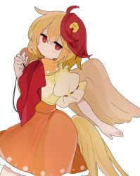 Rule 34 | 1girl, 76gpo, ahoge, animal, animal ears, animal on head, bird, bird ears, bird on head, bird tail, blonde hair, blush, chick, closed mouth, feathered wings, hair between eyes, holding, holding whistle, multicolored hair, niwatari kutaka, on head, orange skirt, red eyes, red hair, shirt, short hair, short sleeves, simple background, skirt, solo, tail, touhou, two-tone hair, whistle, white background, white shirt, wings, yellow wings