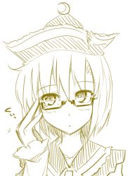 Rule 34 | 1girl, :&lt;, bespectacled, crescent, female focus, glasses, hat, kazetto, lunasa prismriver, monochrome, portrait, short hair, sketch, solo, touhou, yellow theme