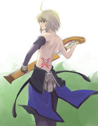 Rule 34 | 00s, 1boy, artist request, blonde hair, emil castagnier, gloves, male focus, topless male, solo, source request, sword, tales of (series), tales of symphonia, tales of symphonia: dawn of the new world, tattoo, weapon