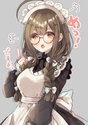 Rule 34 | 1girl, puff of air, ahoge, angry, apron, black dress, blush, bow, braid, breasts, brown eyes, brown hair, dot nose, dress, frilled apron, frills, glasses, grey background, hair over shoulder, hair ribbon, highres, idolmaster, idolmaster shiny colors, ikusa (puchi), index finger raised, kuwayama chiyuki, large breasts, long hair, long sleeves, looking at viewer, maid headdress, open mouth, ribbon, simple background, solo, twin braids, v-shaped eyebrows, waist bow, white ribbon