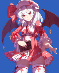 Rule 34 | + +, 1girl, alternate costume, alternate hair color, baisi shaonian, bat wings, blue background, book, cowboy shot, cross, foreshortening, from below, hat, highres, looking at viewer, red eyes, remilia scarlet, simple background, smile, solo, thighhighs, touhou, white hair, white thighhighs, wings, zettai ryouiki