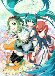 Rule 34 | 3girls, ahoge, aqua eyes, aqua hair, detached sleeves, gloves, goggles, goggles on head, green eyes, green hair, gumi, hatsune miku, headphones, headset, joints, kitano tomotoshi, long hair, multiple girls, necktie, one eye closed, red eyes, red hair, robot joints, sf-a2 miki, short hair, skirt, smile, thighhighs, twintails, very long hair, vocaloid, wink, wrist cuffs