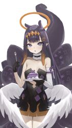 Rule 34 | 1girl, absurdres, arch 05x, black dress, black gloves, blonde hair, blush, breasts, cake, clothing cutout, detached sleeves, dress, feathered wings, food, fork, gloves, hair ornament, hairpin, halo, highres, holding, holding fork, holding plate, hololive, hololive english, long hair, looking at viewer, low wings, mole, mole under eye, ninomae ina&#039;nis, ninomae ina&#039;nis (1st costume), open mouth, plate, pointy ears, purple eyes, purple hair, single sleeve, sleeveless, sleeveless dress, small breasts, solo, strapless, strapless dress, takodachi (ninomae ina&#039;nis), tentacle hair, tentacles, tube dress, virtual youtuber, white sleeves, wings, x hair ornament