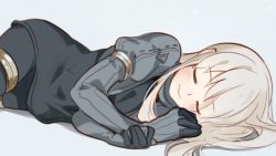 Rule 34 | 10s, 1girl, 3four, black dress, black legwear, cropped jacket, dress, closed eyes, gloves, kantai collection, long sleeves, lying, military, military uniform, on side, puffy long sleeves, puffy sleeves, sleeping, smile, solo, u-511 (kancolle), uniform, white background
