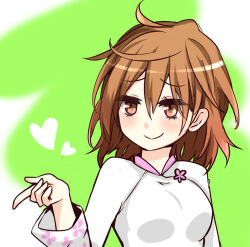 Rule 34 | 1girl, breasts, brown eyes, brown hair, closed mouth, commentary request, dress, floral print, green background, hair between eyes, hands up, heart, i.u.y, light blush, long sleeves, medium breasts, medium hair, messy hair, misaka worst, smile, solo, toaru majutsu no index, toaru majutsu no index: new testament, upper body, vietnamese dress, white dress