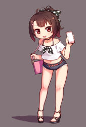 Rule 34 | 1girl, :d, bag, belt, bow, brown eyes, brown hair, cellphone, choker, cross, cross necklace, cutoffs, denim, denim shorts, fang, feet, female focus, full body, hair bow, high heels, highres, holding, jewelry, langbazi, legs, looking at viewer, midriff, navel, necklace, off-shoulder shirt, off shoulder, open mouth, original, phone, polka dot, polka dot bow, ponytail, ribbon, shirt, shoes, short shorts, shorts, simple background, smartphone, smile, solo, toes