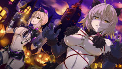 Rule 34 | 2girls, artoria pendragon (all), artoria pendragon (fate), black gloves, black panties, blonde hair, bra, breasts, claw pose, claws, cleavage, cosplay, cowboy shot, elbow gloves, evil grin, evil smile, expressionless, fate/grand order, fate (series), florence nightingale (fate), florence nightingale (trick or treatment) (fate), full moon, fur-trimmed bra, fur-trimmed collar, fur-trimmed gloves, fur trim, garter straps, gloves, grin, groin, hair between eyes, halloween, hands up, highres, holding, holding syringe, jeanne d&#039;arc (fate), jeanne d&#039;arc alter (avenger) (fate), jeanne d&#039;arc alter (fate), large breasts, long hair, looking at viewer, mash kyrielight, mash kyrielight (dangerous beast), mash kyrielight (dangerous beast) (cosplay), medium breasts, microskirt, midriff, moon, multiple girls, navel, night, night sky, official alternate costume, outdoors, panties, platinum blonde hair, ponytail, pumpkin, revealing clothes, saber alter, shaded face, skirt, sky, smile, syringe, thighhighs, underboob, underwear, upper body, xenoms, yellow eyes