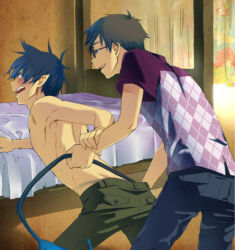 Rule 34 | 2boys, ao no exorcist, bed, bent over, black hair, blue eyes, blush, brothers, brown hair, glasses, male focus, multiple boys, okumura rin, okumura yukio, pointy ears, topless male, siblings, tail, twins, yaoi