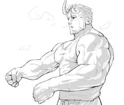 Rule 34 | 1boy, :o, bara, beard, breath, broken horn, cowboy shot, demon boy, demon horns, facial hair, highres, horns, kansuke (kansuke 717), large pectorals, live a hero, male focus, mature male, muscular, muscular male, nessen (live a hero), outstretched arms, pectoral cleavage, pectorals, short hair, solo, sweat, tank top, thick eyebrows, veins, veiny arms, very sweaty