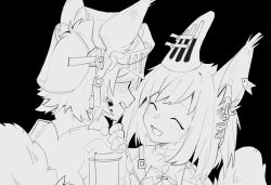 Rule 34 | 2girls, :d, ^ ^, animal ears, arknights, ashlock (arknights), black background, blush, closed eyes, ear covers, ear tag, earpiece, face-to-face, flametail (arknights), greyscale, hands on another&#039;s shoulders, highres, long hair, material growth, mechanical owl, monochrome, multiple girls, open mouth, oripathy lesion (arknights), portrait, simple background, smile, squirrel ears, squirrel girl, squirrel tail, sweat, tail, visor (armor), visor lift