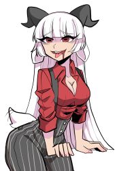 1girl, animal ears, bangs, baphomet (grizz), blunt bangs, borrowed character, bow, breasts, cleavage, collarbone, collared shirt, commentary, cowboy shot, drooling, goat ears, goat girl, goat horns, goat tail, helltaker, highres, horizontal pupils, horns, large breasts, long hair, long sleeves, open mouth, pants, red eyes, red shirt, shirt, simple background, solo, striped, striped legwear, striped pants, suspenders, tegami (kch7683), tongue, tongue out, vanripper (style), white background, white hair