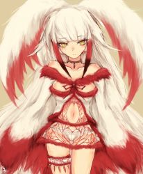 Rule 34 | 10s, 1girl, alternate costume, bare shoulders, blunt bangs, breast cutout, breasts, choker, closed mouth, clothing cutout, collarbone, cowboy shot, dress, expressionless, gluteal fold, highres, japanese crested ibis (kemono friends), jewelry, kemono friends, kyuumoto kuku, long hair, long sleeves, medium breasts, multicolored hair, navel, navel cutout, off-shoulder dress, off shoulder, panties, red hair, revealing clothes, short dress, simple background, sleeves past wrists, solo, standing, stomach, thigh strap, two-tone hair, underwear, very long hair, white hair, white panties, yellow eyes
