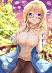 Rule 34 | 1girl, :d, aoyama blue mountain, black-framed eyewear, blonde hair, blue eyes, blush, brown skirt, christmas, christmas ornaments, christmas tree, commentary request, glasses, gochuumon wa usagi desu ka?, hands up, highres, long sleeves, looking at viewer, open mouth, railing, ribbed sweater, semi-rimless eyewear, skirt, sleeves past wrists, smile, solo, star (symbol), sweater, teeth, turtleneck, turtleneck sweater, under-rim eyewear, upper teeth only, v, white sweater, xenon (for achieve)