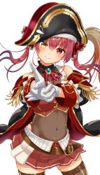 Rule 34 | 1girl, gloves, hat, hololive, houshou marine, lingmu, looking at viewer, open clothes, red eyes, red hair, simple background, smile, solo, virtual youtuber, white gloves, yellow eyes