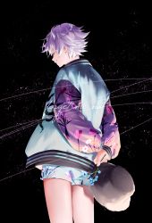 Rule 34 | 1boy, black background, blue hair, closed eyes, facing away, facing to the side, flower, hat, highres, holding, jacket, letterman jacket, long sleeves, looking away, male focus, multicolored clothes, multicolored hair, multicolored jacket, nyamnyam0502, paradox live, purple hair, short hair, shorts, solo, yatonokami nayuta