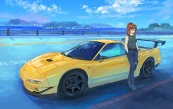 Rule 34 | 1girl, blue eyes, brown hair, car, highres, honda, honda nsx, looking to the side, momo hiki, motor vehicle, original, personification, ponytail, spoiler (automobile), torn clothes, vehicle focus