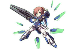 Rule 34 | &gt;:), 10s, 1girl, aqua eyes, armlet, armpits, brown hair, glowing, gun, gundam, gundam age, gundam age-fx, langbazi, machinery, mecha musume, outstretched arm, personification, pointing, pointing at viewer, short hair, simple background, solo, tareme, v-shaped eyebrows, weapon, white background
