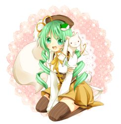 Rule 34 | 1girl, :3, beret, blush, boots, corset, cosplay, detached sleeves, drill hair, female focus, frog, green eyes, green hair, hair ornament, hat, kochiya sanae, kyubey, long hair, magical girl, mahou shoujo madoka magica, mahou shoujo madoka magica (anime), matching hair/eyes, narina, open mouth, seiza, sitting, skirt, solo, striped clothes, striped thighhighs, tail, thighhighs, tomoe mami, tomoe mami (cosplay), touhou, twin drills, twintails, vertical-striped clothes, vertical-striped thighhighs