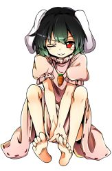 Rule 34 | 1girl, animal ears, baba (baba seimaijo), barefoot, black hair, dress, full body, gradient hair, green hair, grin, highres, image sample, inaba tewi, jewelry, looking at viewer, multicolored hair, necklace, one eye closed, pink dress, puffy sleeves, rabbit ears, red eyes, resolution mismatch, short hair, short sleeves, sitting, smile, solo, source larger, touhou, transparent background