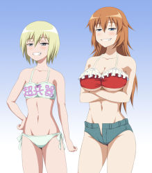 Rule 34 | 2girls, bikini, blonde hair, blue background, blue eyes, blush, breasts, brown hair, charlotte e. yeager, cleavage, collarbone, crossed arms, erica hartmann, eyebrows, frilled bikini, frills, gradient background, grin, groin, hand on own hip, hiro yoshinaka, large breasts, midriff, multiple girls, navel, open fly, parted lips, red bikini, shiny skin, short hair, short shorts, shorts, side-tie bikini bottom, simple background, small breasts, smile, smug, strike witches, swimsuit, teeth, two-tone background, underboob, white background, white bikini, world witches series
