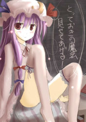 Rule 34 | 1girl, blush, bow, crescent, female focus, hair bow, hat, long hair, mashayuki, no panties, open clothes, open shirt, patchouli knowledge, purple eyes, purple hair, red eyes, shirt, sketch, solo, thighhighs, touhou, translation request, white thighhighs