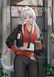 Rule 34 | 1girl, absurdres, arknights, belt, black jacket, black necktie, black pants, collared shirt, commentary, commission, cowboy shot, crop top, cup, dragon girl, dragon horns, dragon tail, english commentary, hair intakes, hand on own hip, highres, holding, holding cup, horns, jacket, midriff, necktie, nian (arknights), open mouth, pants, red belt, red shirt, shirt, sleeveless, sleeveless shirt, solo, tail, tongue, tongue out, twitter username, wawamachi (wawamachis), white hair