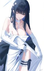 Rule 34 | 1girl, bare shoulders, black hair, blue archive, blue hair, breasts, cleavage, closed mouth, commentary request, dress, flower, garter straps, gloves, grey eyes, hair flower, hair ornament, halo, holding, holding knife, holding weapon, knife, knife sheath, large breasts, long hair, looking down, mouth hold, multicolored hair, official alternate costume, official alternate hairstyle, okano yuuto, one eye closed, panties, saori (blue archive), saori (dress) (blue archive), sheath, signature, simple background, thighhighs, two-tone hair, underwear, weapon, white background, white dress, white flower, white gloves, white panties, white thighhighs