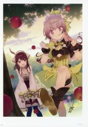 Rule 34 | 2girls, :d, absurdres, apple, atelier (series), atelier lydie &amp; suelle, blush, boots, bow, bowtie, brown eyes, brown hair, corset, food, fruit, gloves, hairband, highres, huge filesize, kicking, long hair, multiple girls, noco (adamas), official art, open mouth, pink eyes, pink hair, scan, short hair, smile, sophie neuenmuller, suelle marlen, tree