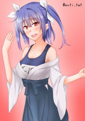 Rule 34 | 1girl, anti (untea9), black hakama, blue hair, blue one-piece swimsuit, collarbone, commentary request, cowboy shot, flower-shaped pupils, gradient background, hair ribbon, hakama, hakama skirt, highres, i-19 (kancolle), japanese clothes, kantai collection, long hair, looking at viewer, name tag, one-piece swimsuit, red background, red eyes, ribbon, school swimsuit, skirt, solo, standing, star-shaped pupils, star (symbol), swimsuit, swimsuit under clothes, symbol-shaped pupils, tri tails, twitter username