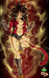 Rule 34 | 1girl, 7th heaven, abs, alien, body fur, boots, breasts, brown hair, character request, dragon ball, dragon ball super, earrings, fantasy, fingerless gloves, flying, gloves, glowing, jewelry, large breasts, light brown eyes, long hair, looking at viewer, monkey tail, muscular, muscular female, solo, spiked hair, super saiyan, super saiyan 4, tail