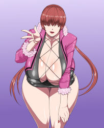 Rule 34 | 1girl, black dress, breasts, brown hair, cleavage, commentary, covered erect nipples, cropped jacket, curvy, dress, fur trim, hair between eyes, hand up, huge breasts, jacket, leaning forward, lips, long hair, looking at viewer, low twintails, ml, open clothes, open jacket, open mouth, pink jacket, shermie (kof), shiny skin, short dress, simple background, solo, the king of fighters, thick thighs, thighs, twintails, wide hips
