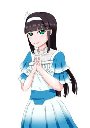 Rule 34 | 1girl, aqua dress, aqua skirt, artist name, artist request, black hair, blue dress, blunt bangs, breasts, detached collar, dreamy color, dreamy color (love live!), dress, feather dress, female focus, green eyes, hair ornament, hairband, hairclip, highres, kurosawa dia, long hair, looking at viewer, love live!, love live! school idol festival, love live! sunshine!!, miniskirt, mole, mole under mouth, own hands together, plaid, plaid dress, plaid skirt, pleated, pleated dress, pleated skirt, short sleeves, skirt, small breasts, smile, solo, white background, white detached collar, white dress, white hairband, white skirt