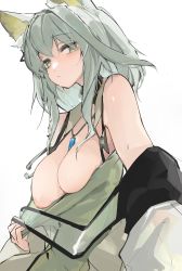 Rule 34 | 1girl, animal ear fluff, animal ears, arknights, bare shoulders, between breasts, blush, breasts, cat ears, closed mouth, cowboy shot, dress, green dress, green eyes, hair between eyes, highres, jewelry, kal&#039;tsit (arknights), light green hair, looking at viewer, material growth, medium breasts, medium hair, mikozin, nipples, off shoulder, one breast out, oripathy lesion (arknights), partially undressed, pendant, see-through, selfie, simple background, solo, stethoscope, sweat, white background
