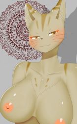 Rule 34 | 1girl, :3, absurdres, animal ears, blush, body fur, breasts, brown fur, cat ears, cat girl, closed mouth, collarbone, completely nude, female focus, furry, furry female, grey background, half-closed eyes, happy, highres, large breasts, looking at viewer, nipples, nude, orange eyes, original, shiny skin, simple background, smile, solo, two-tone fur, upper body, usamimi (umisag85rabb99), whiskers