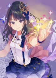 Rule 34 | 1girl, black hair, blue eyes, blue skirt, blurry, blurry background, blush, closed mouth, commentary, depth of field, eyeshadow, from above, highres, idol clothes, idolmaster, idolmaster shiny colors, kazano hiori, long hair, looking at viewer, makeup, mole, mole under mouth, pekoni (peconi), ponytail, shirt, short sleeves, signature, skirt, smile, solo, sparkle, white shirt